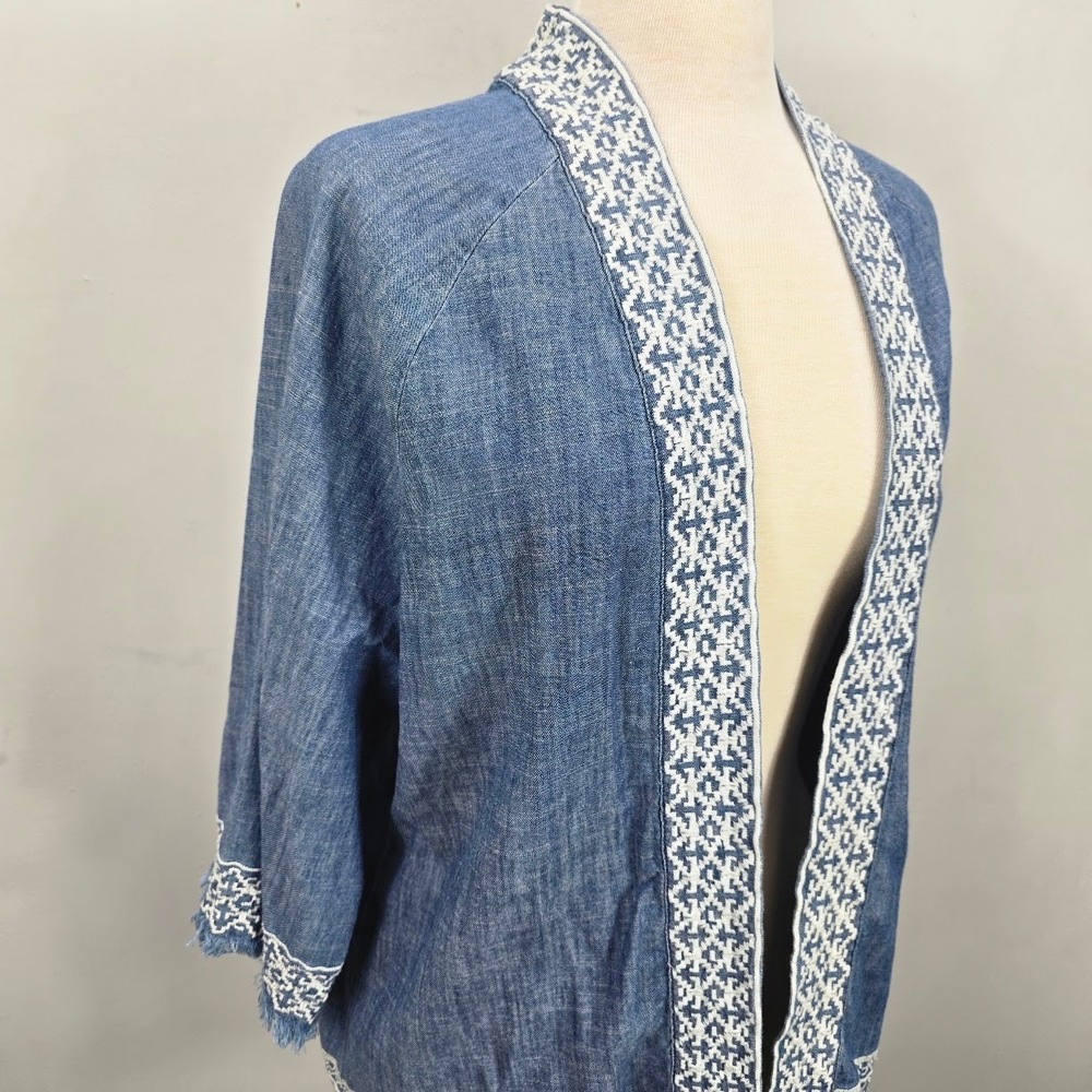 Natural Reflections Open Front Cardigan Kimono M L Chambray Embroidered Boho - Picture 3 of 9